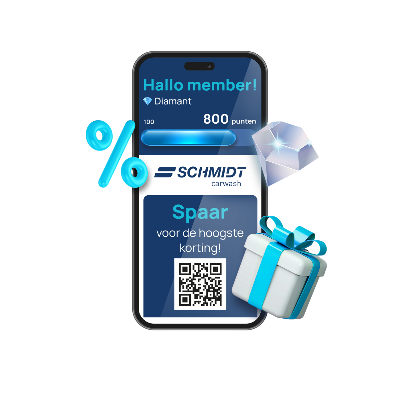 SCHMIDT carwash app met Diamant-member scherm en QR code